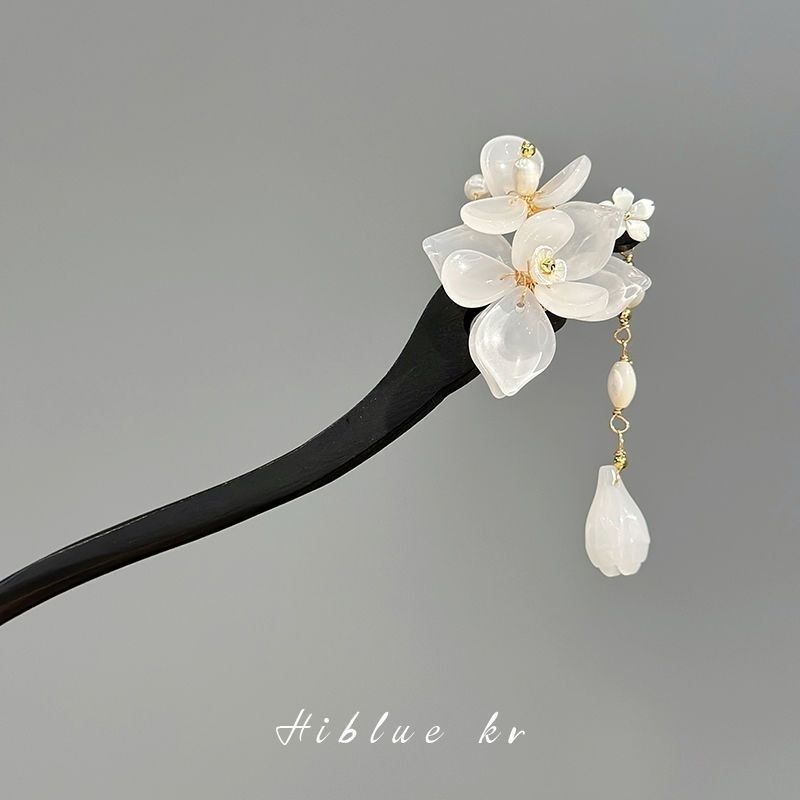 高级感新中式玉兰花朵流苏盘发器发簪女古风黑檀木国风步摇发钗