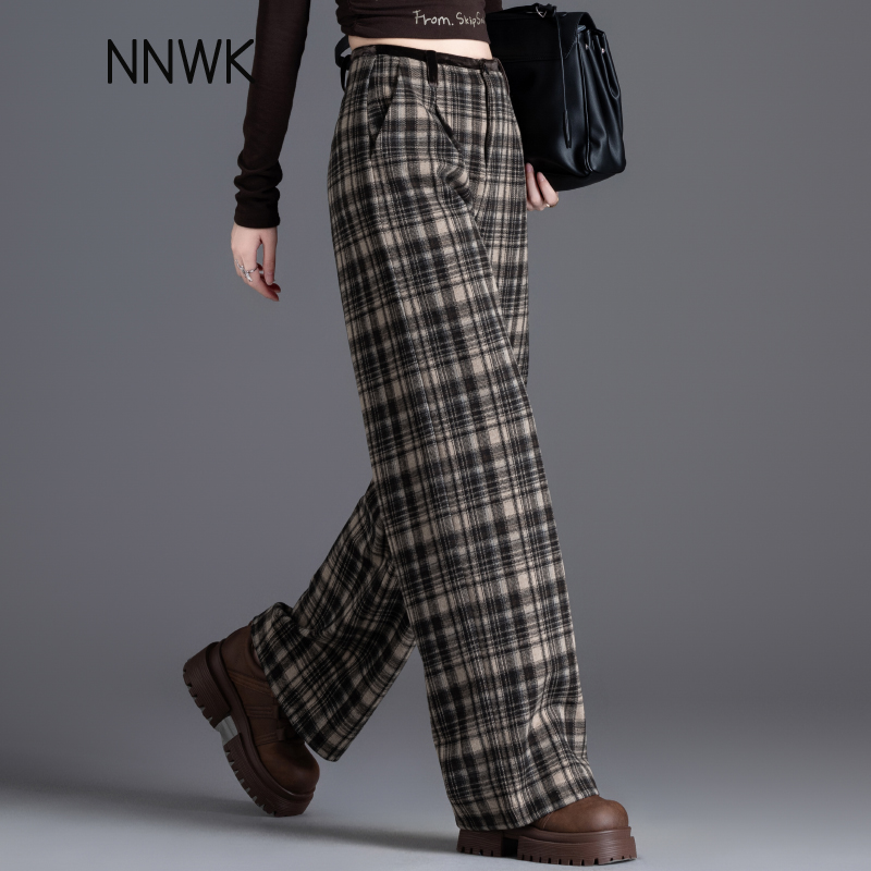复古格纹阔腿裤女2025秋冬加绒加厚毛呢裤宽松直筒裤格子休闲裤子
