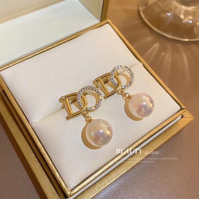 铜合金耳饰 新款D字母简约气质韩版镶钻耳饰耳环珠珠铜合金耳饰