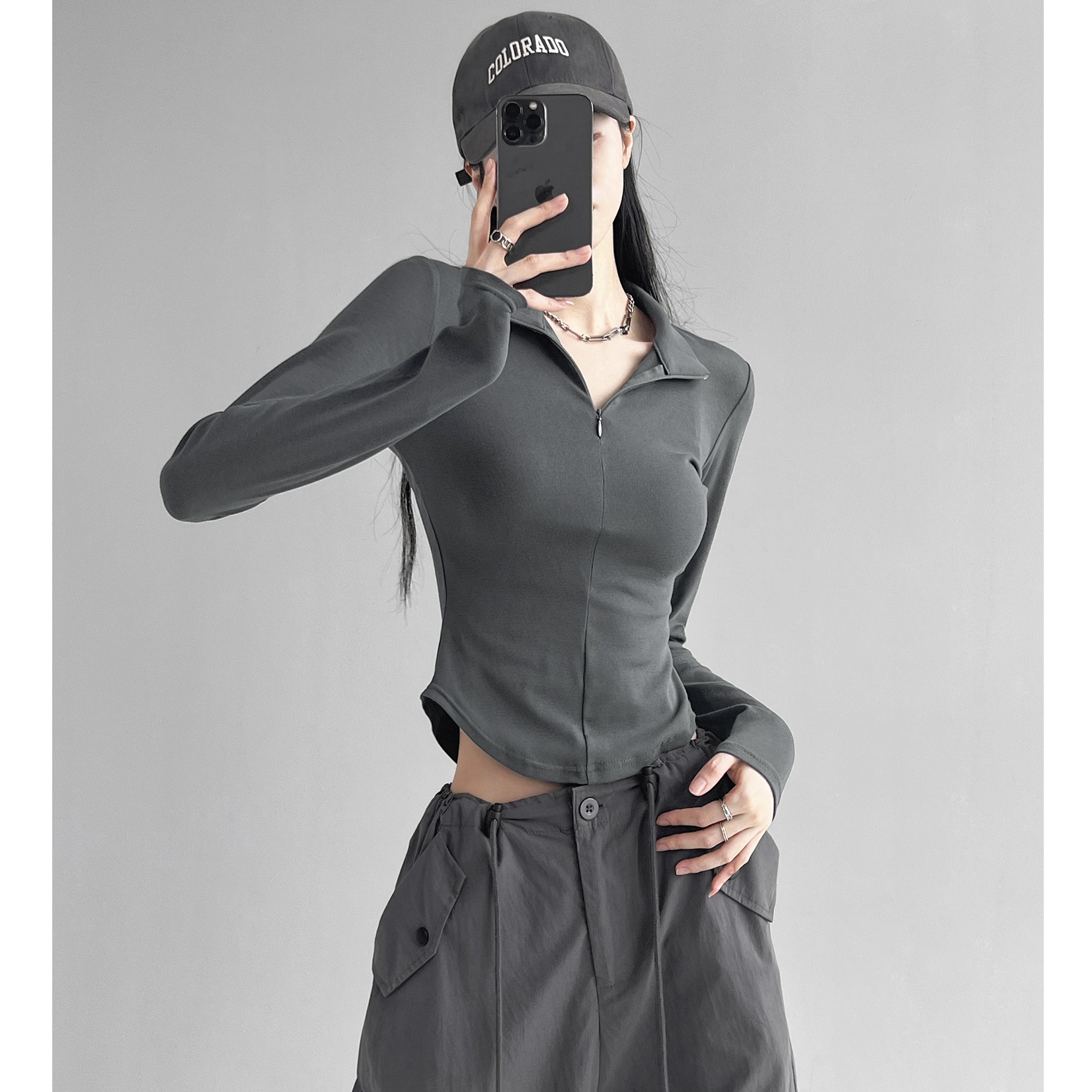 动感少女欧美风弹力紧身翻领T恤女修身显瘦性感收腰短款运动上衣