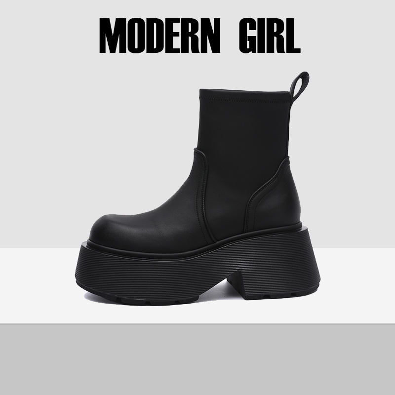 出口版2024秋冬新款厚底一脚 蹬弹力小短靴牛皮增高女靴