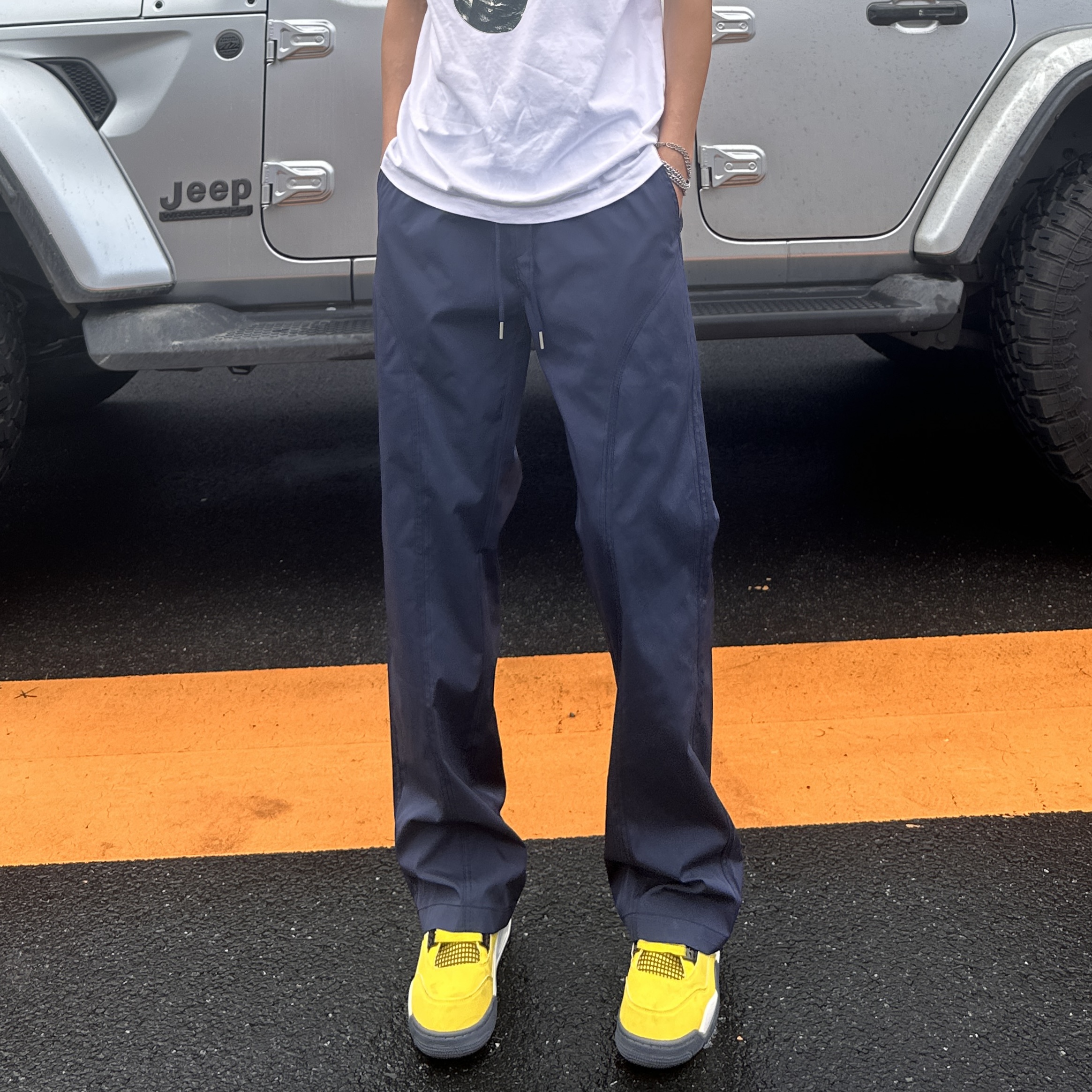 QUALCOMM2025新款潮流藏青色休闲裤男美式斜切宽松直筒微喇长裤子