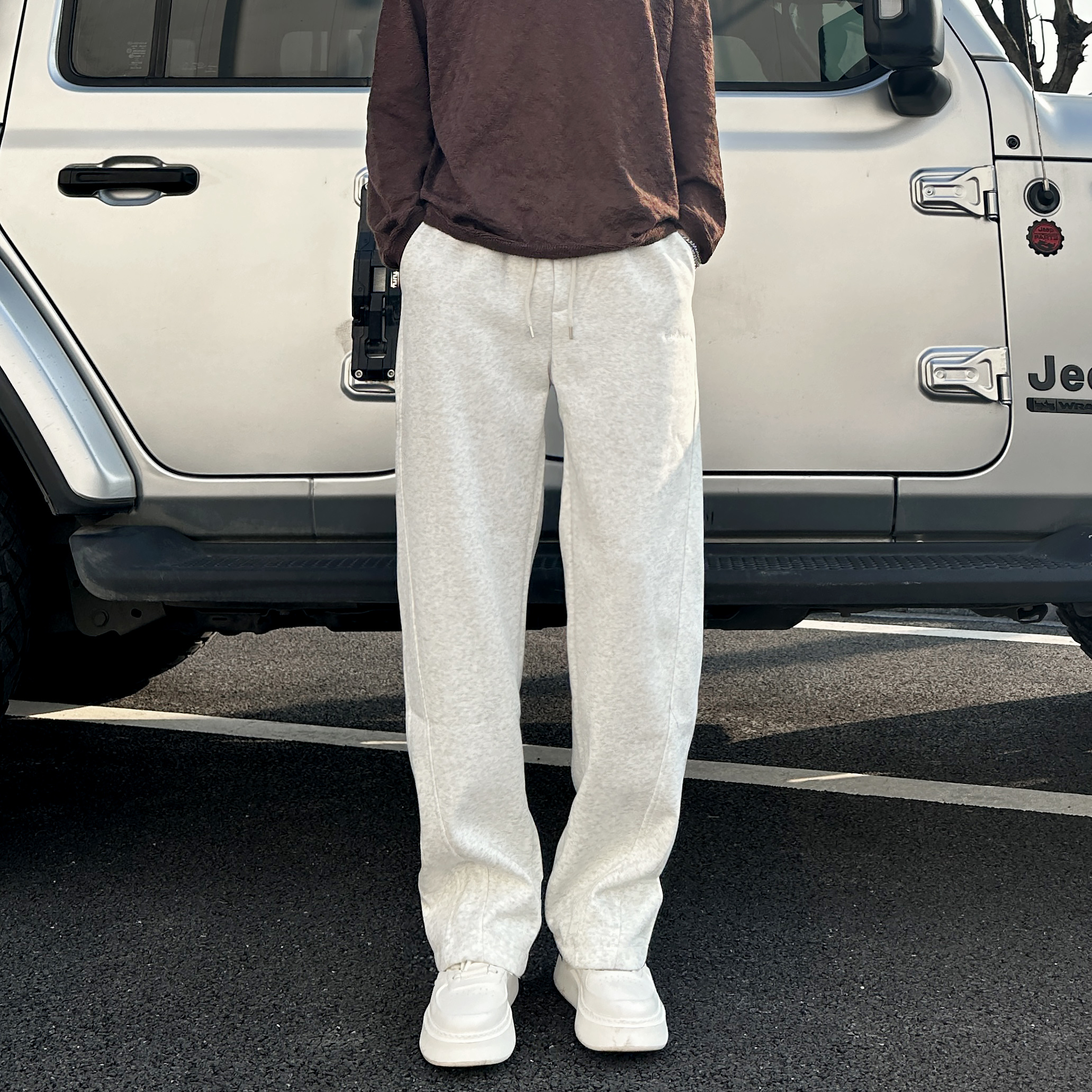 QUALCOMM美式潮流斜切cleanfit休闲裤男秋冬宽松百搭弯刀灰色卫裤