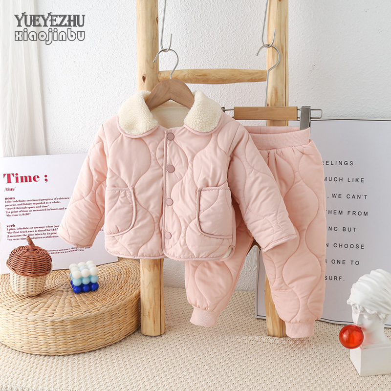 婴儿绗线衣服加绒套装深秋宝宝韩版洋气分体两件套初冬保暖家居服