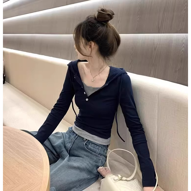 假两件修身连帽上衣女初秋季设计感漂亮小衫独特别致正肩长袖t恤