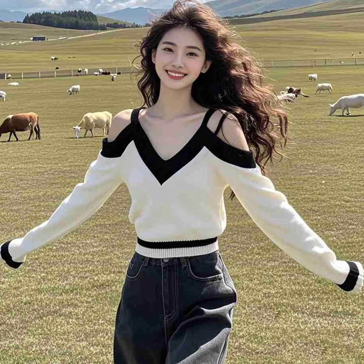 2025年早秋新款法式气质温柔风露肩设计v领撞色毛衣针织衫上衣女