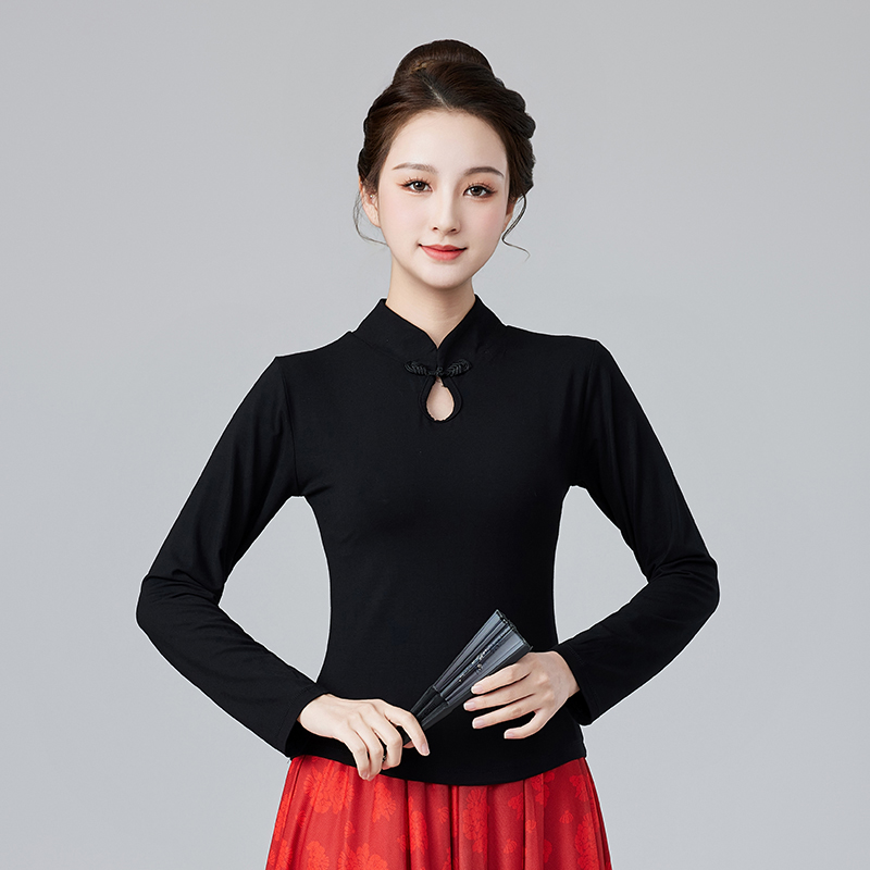 广场舞古典舞民族舞莫代尔上衣长袖中式显瘦春秋中国风立领T恤女