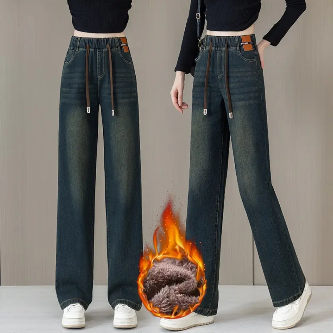羊羔绒加厚加绒松紧腰直筒牛仔裤女款爆款2025新款高腰直筒九分裤