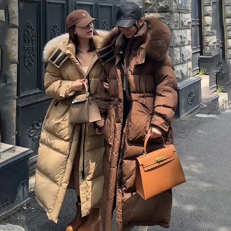 加长款大毛领过膝加厚情侣款保暖羽绒服女2025新款白鸭绒收腰外套