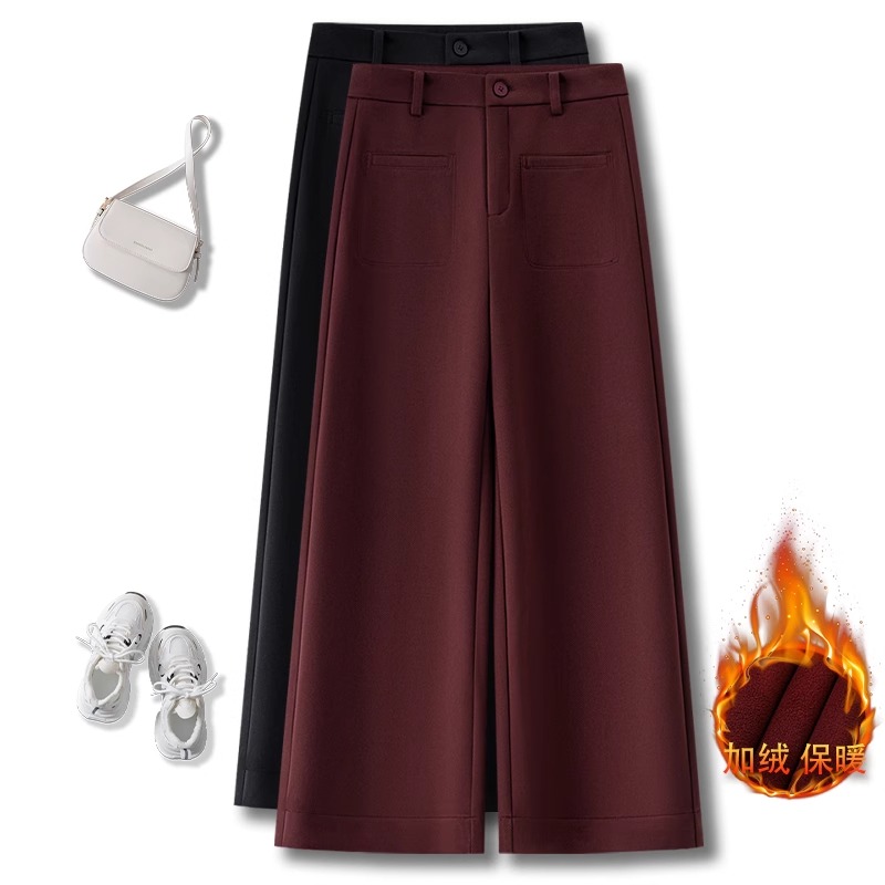 安哥拉红加绒毛呢阔腿裤女秋冬2025新款高腰宽松小个子加厚直筒裤