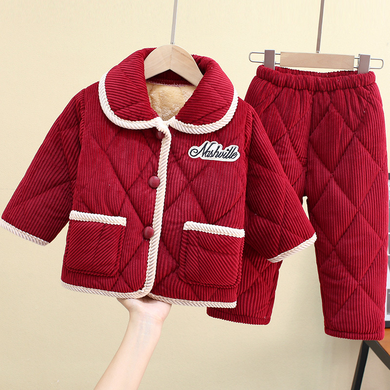 【三层夹棉过年服】秋冬季儿童加厚法兰绒宝宝三层夹棉家居服套装