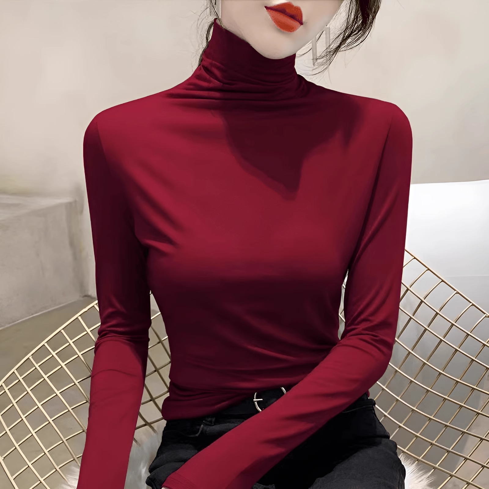 安哥拉红高领羊毛针织衫女秋冬百搭气质薄款修身内搭长袖打底毛衣