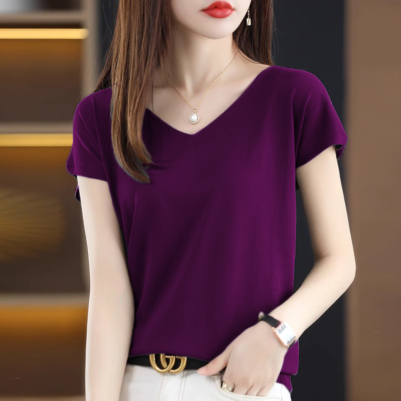 V领半袖上衣女薄款休闲冰短袖上衣洋气2025新款轻熟风针织打底衫