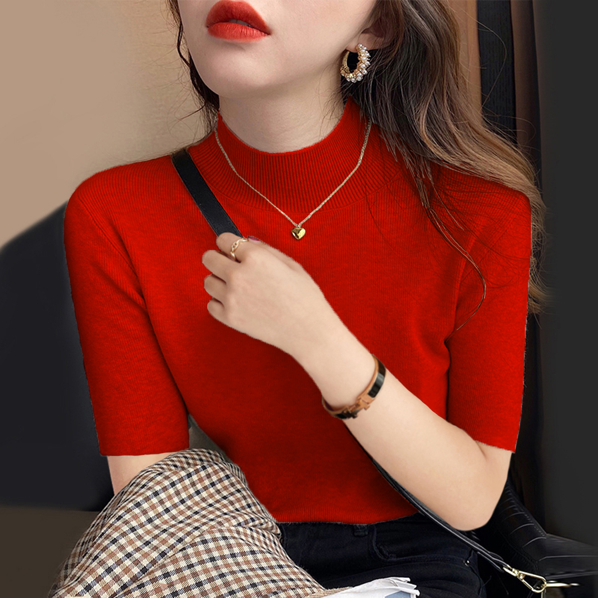 打底衫女春秋内搭半高领毛衣女绿色上衣洋气2025新款五分袖针织衫