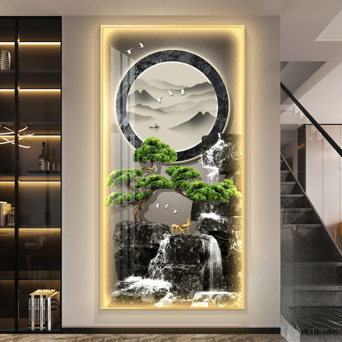 流水生财led带灯入户玄关装饰画走廊过道挂画壁画简约现代高级感