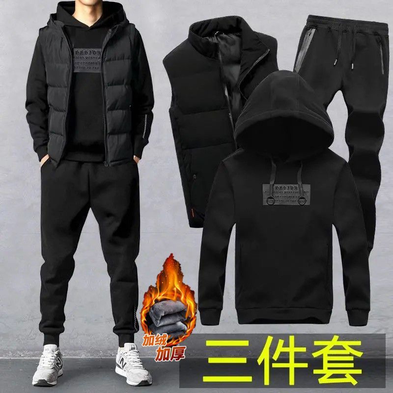 男士秋冬搭配帅气连帽大码三件套潮加绒衣服运动休闲休闲套装潮流
