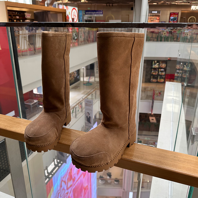 冰伊尚高品质真皮长筒大头雪地靴女厚底增高加绒加厚平底保暖棉鞋