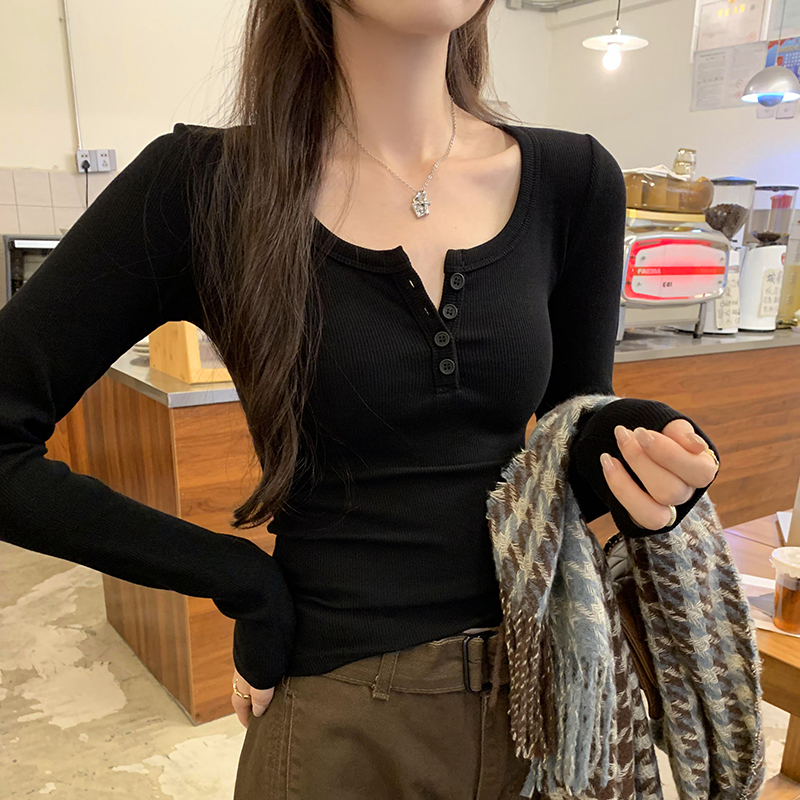 2025春新款甜辣ins修身显瘦螺纹半开领纽扣长袖T恤性感打底上衣