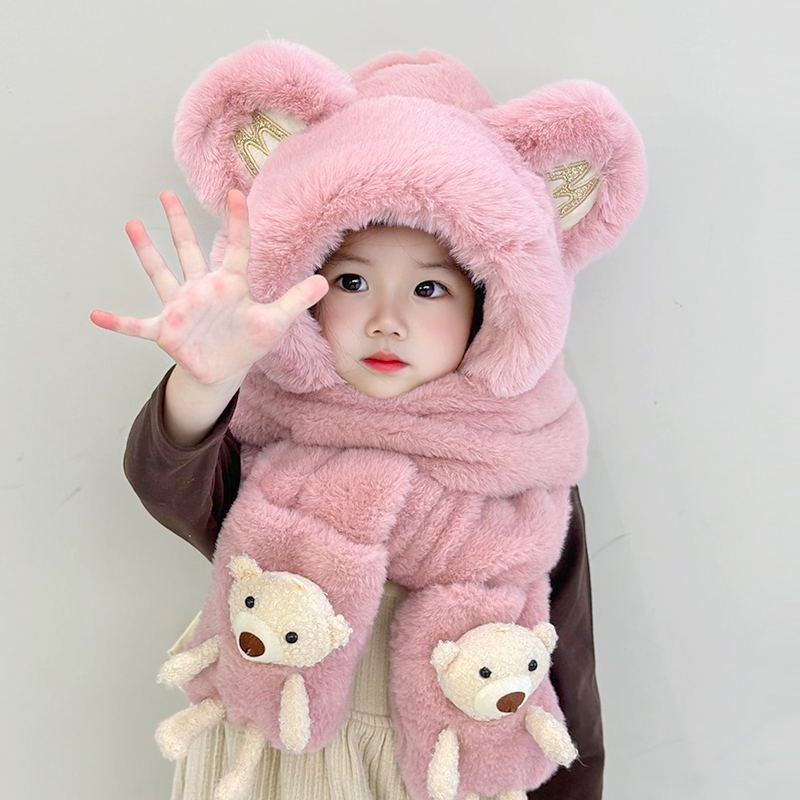 儿童帽子冬季男女童可爱加绒护耳帽围巾手套一体帽加厚宝宝连体帽