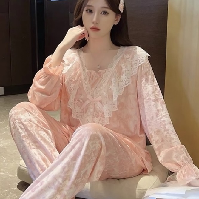 甜美公主风睡衣女款春秋季蕾丝宫廷风保暖家居服两件套可外穿6014