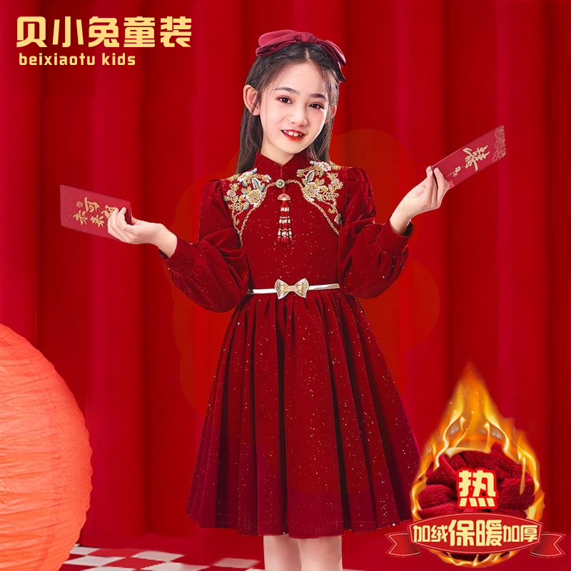 拜年服女童红色礼服连衣裙2026新款中国风儿童新年装加绒加厚裙子