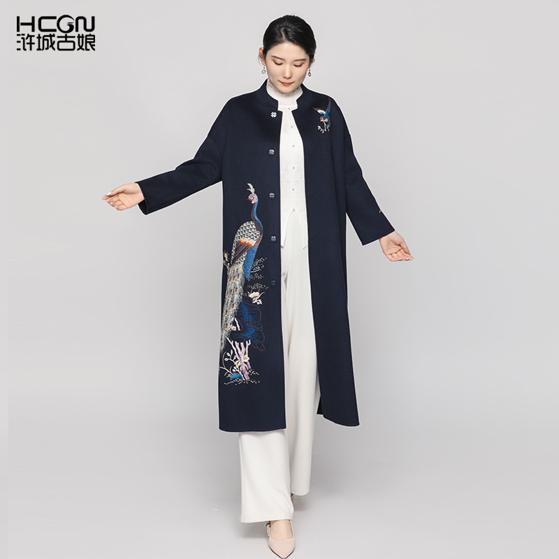 【山羊绒】手工高定绵羊毛重工气质刺绣春秋灵雀双面呢大衣DMT11351