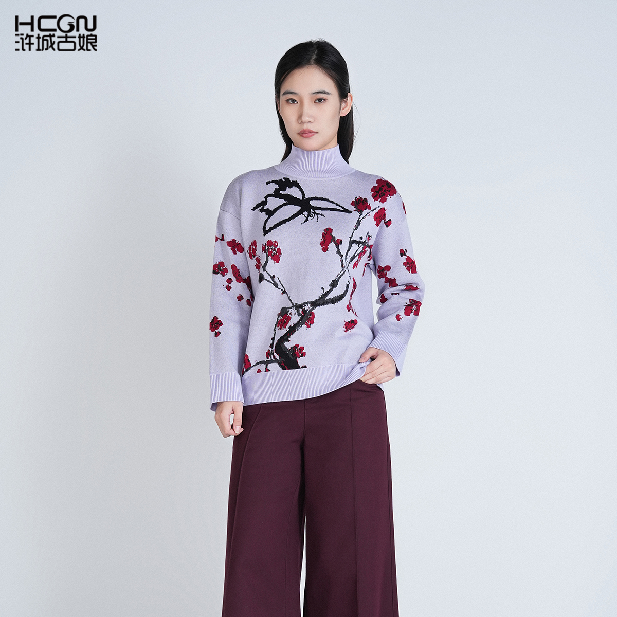 国风秋冬保暖舒适绵羊毛高领短款通勤月下寻香提花毛衫DCL16121