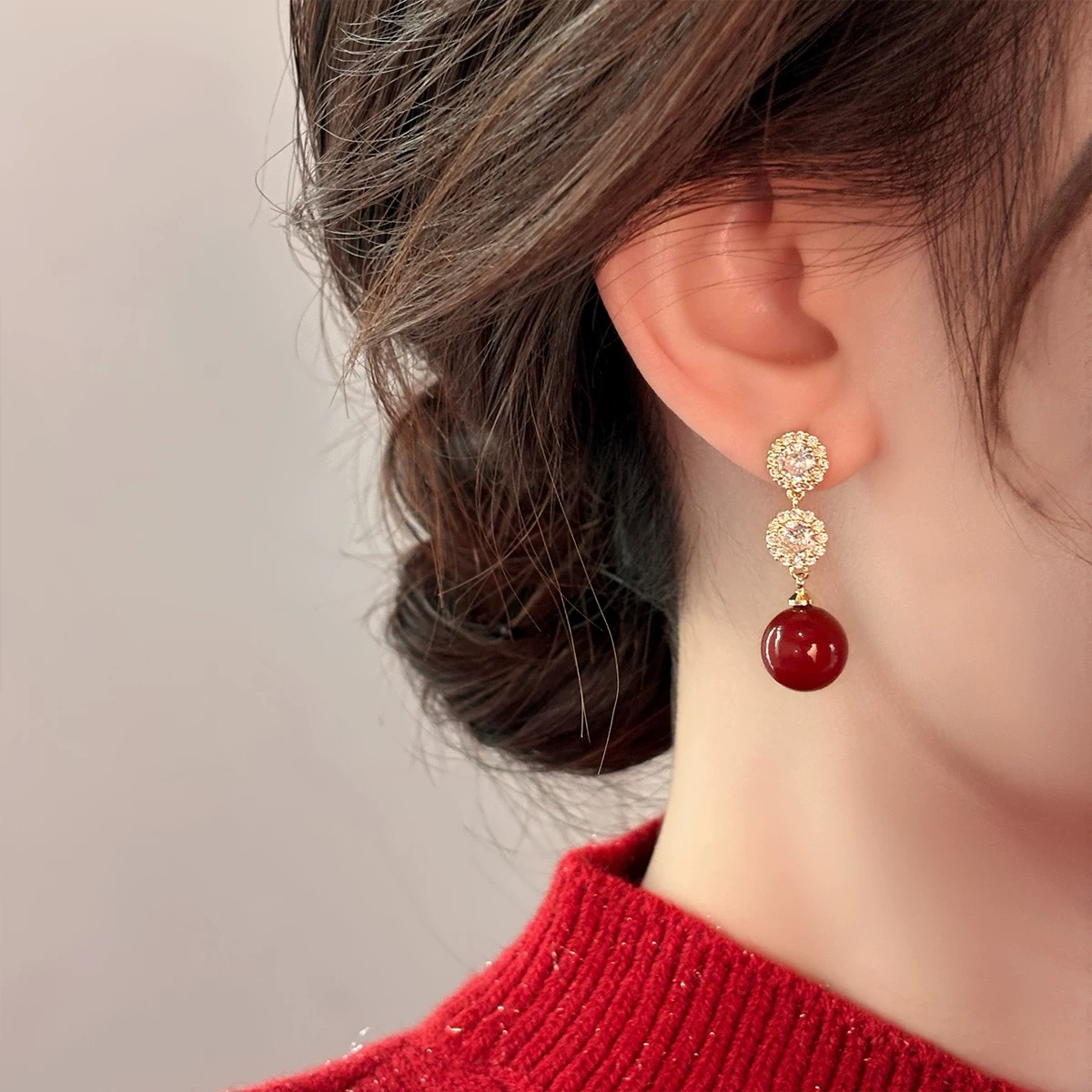 锆石红色玛瑙轻奢小众高级感设计气质名媛复古精致无耳洞耳夹耳坠