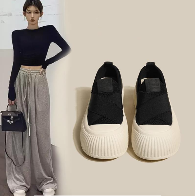 国潮品质小白鞋女款2024新款春透气网面饼干鞋一脚蹬百搭休闲板鞋