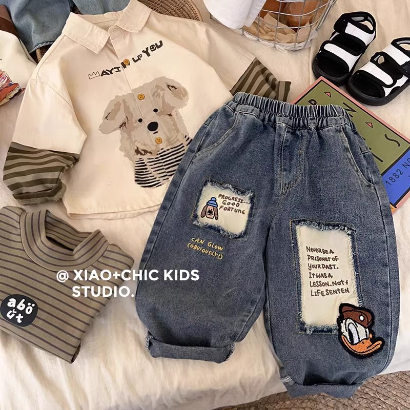 儿童秋季卡通补丁牛仔裤男童帅气春装休闲裤宝宝春秋冬长裤裤子