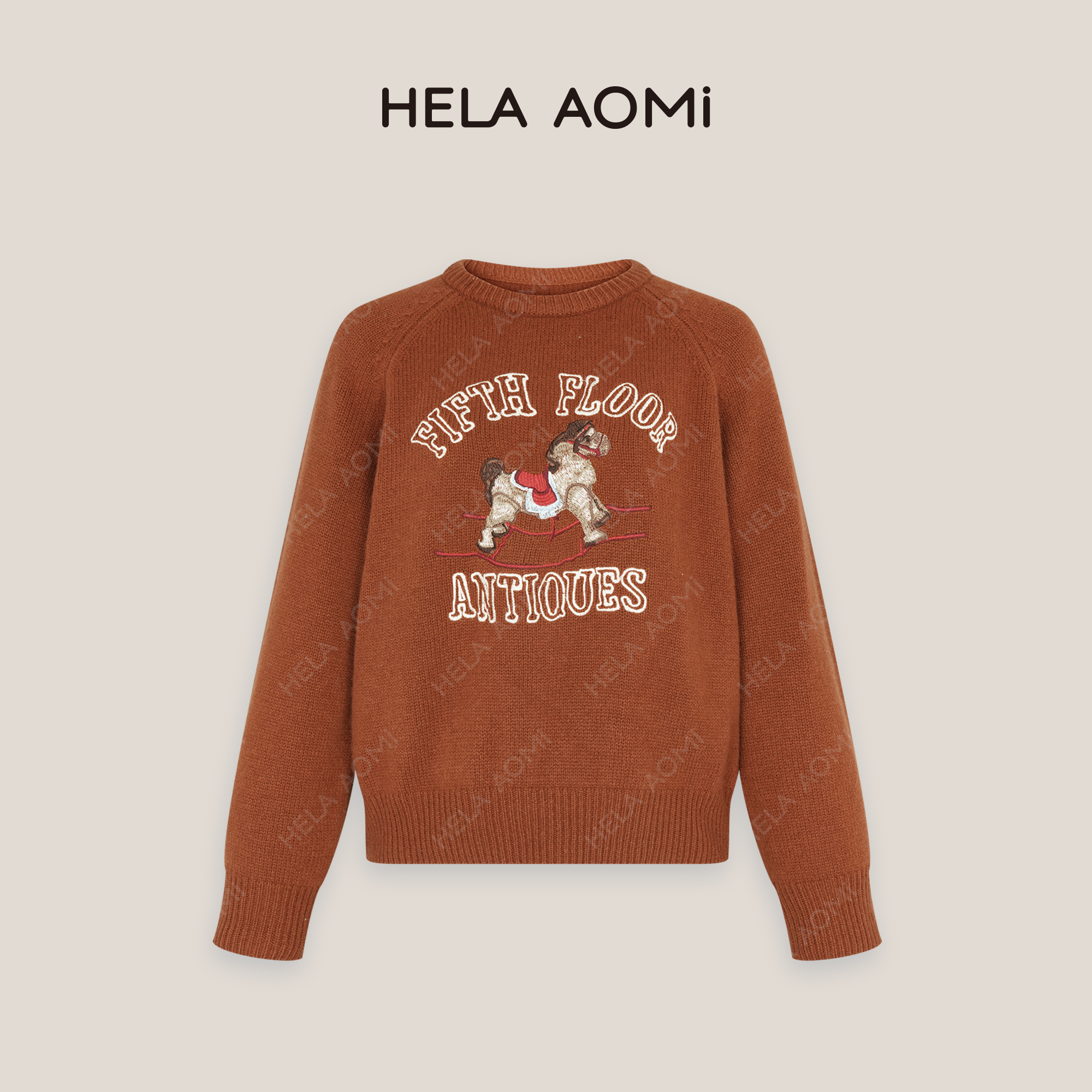 HELA AOMI “小马驹”木马刺绣圆领长袖针织衫套头上衣CY4DM31533