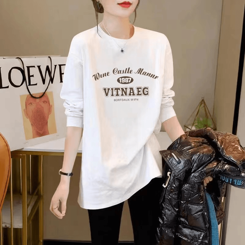 100%纯棉白色中长款长袖女2024春秋新款宽松遮屁股搭配鲨鱼裤上衣