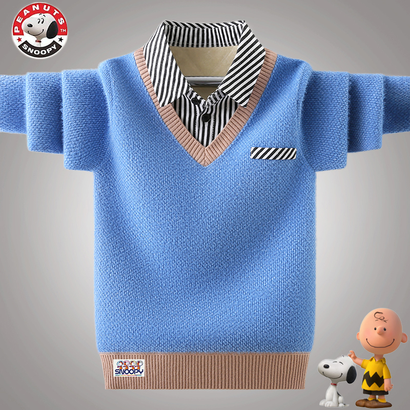 Snoopy/史努比男童毛衣秋冬款2024新款中大童加绒加厚针织衫保暖