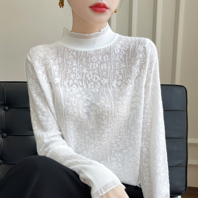 法式甜美蕾丝钩花长袖针织打底衫女半高领毛衣宽松显瘦木耳领上衣