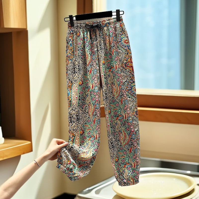 【工厂直销】孔雀印花哈伦薄款时尚韩版宽松显瘦休闲百搭束脚防蚊裤