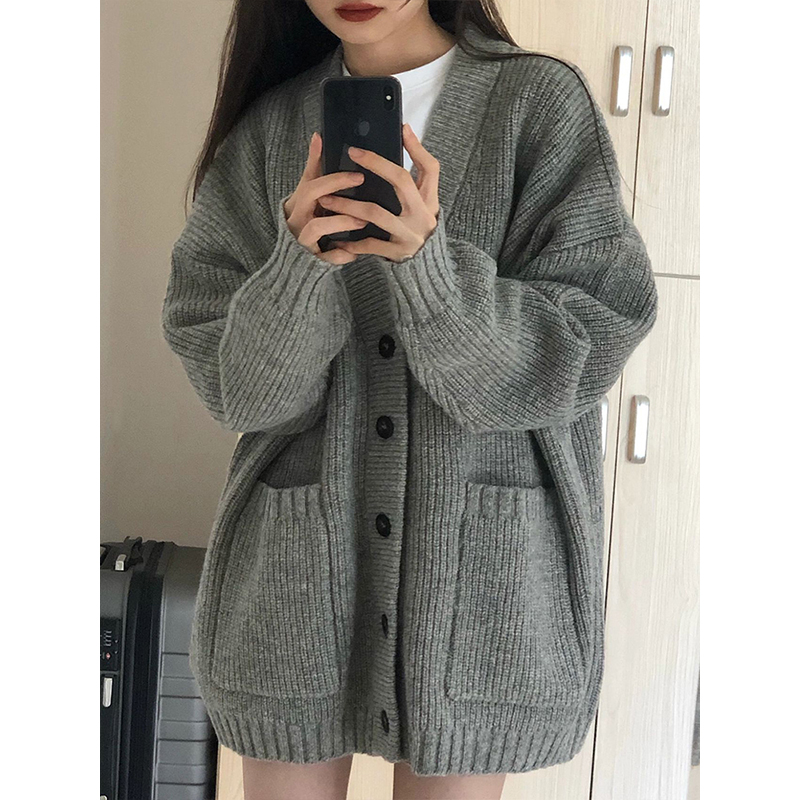 中长款软糯慵懒风灰色毛衣外套女2024春秋新款高级感宽松针织开衫