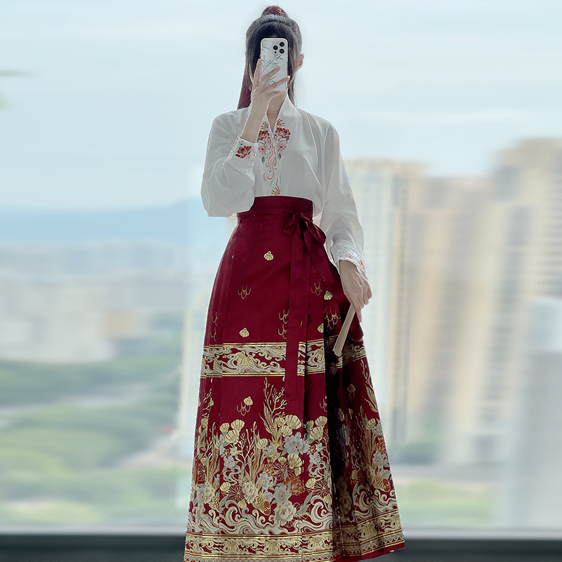 芊古棠原创【美人鱼套装】织金妆花马面裙明制汉服重工刺绣飞机袖