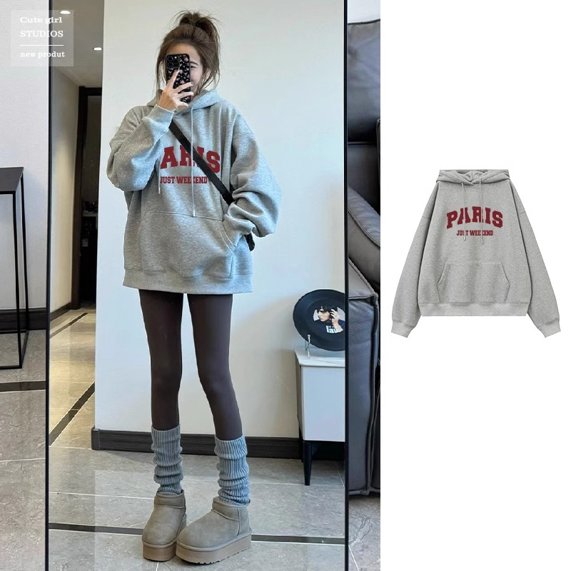 灰色连帽加绒加厚卫衣韩版2025秋冬新款中长款宽松百搭秋季外套女