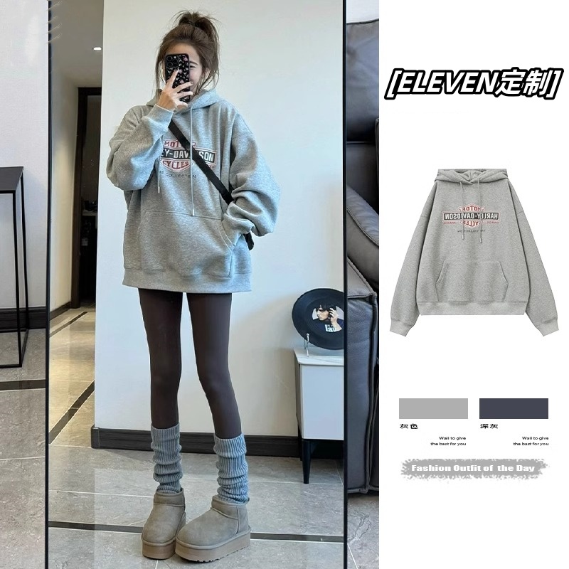 美式复古灰色连帽加绒卫衣女秋冬新款宽松慵懒风宽松显瘦长袖上衣