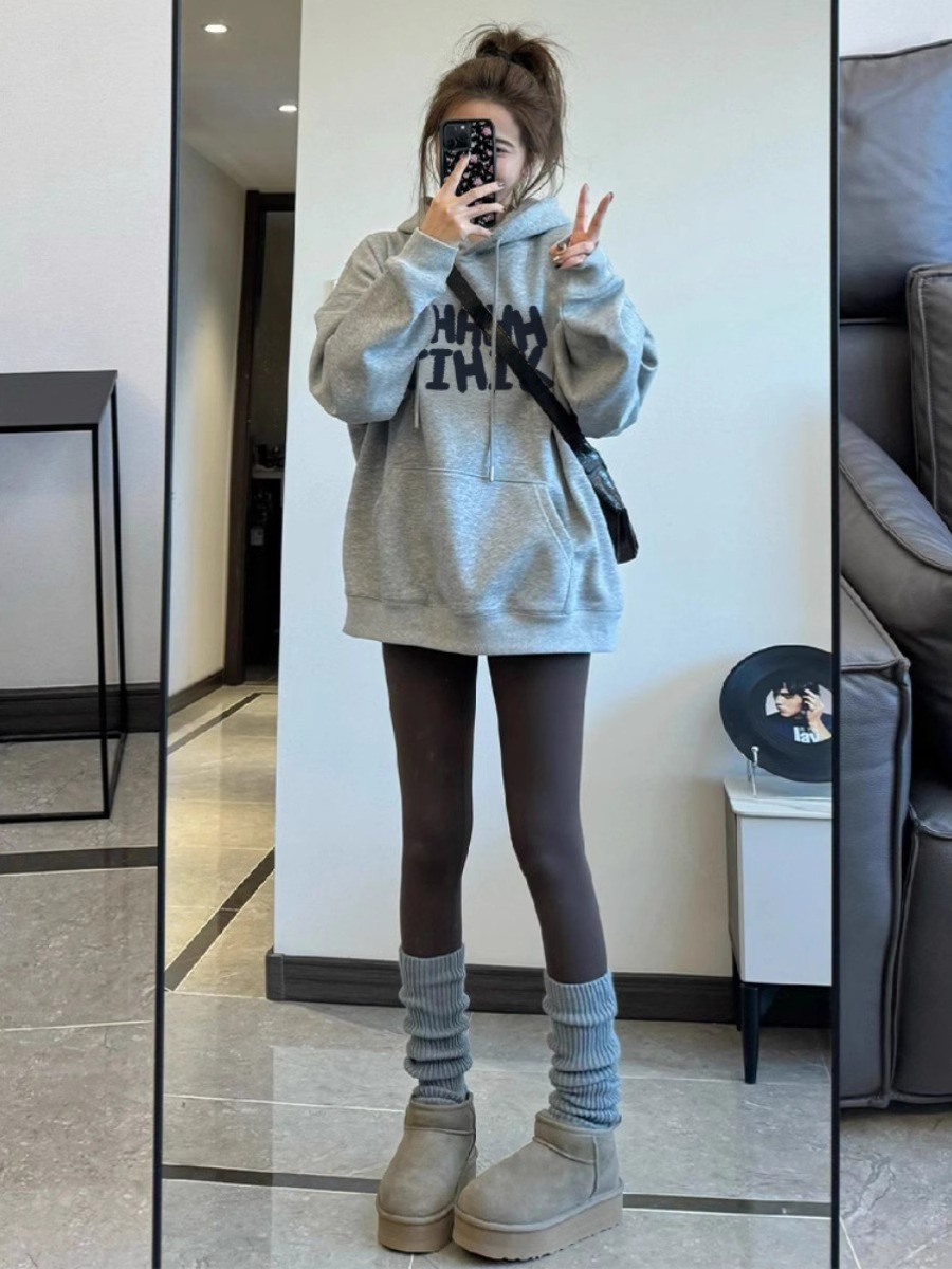 灰色连帽卫衣女秋冬2025年新款爆款小个子上衣加绒加厚慵懒风外套