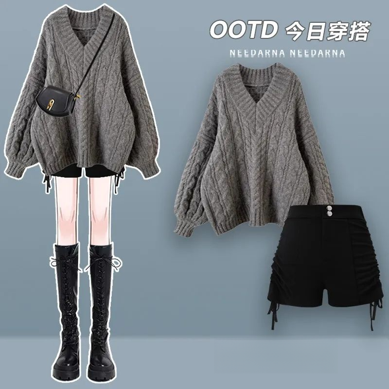 K冬季温柔系穿搭女2024新款韩版慵懒风毛衣休闲百搭短裤两件套