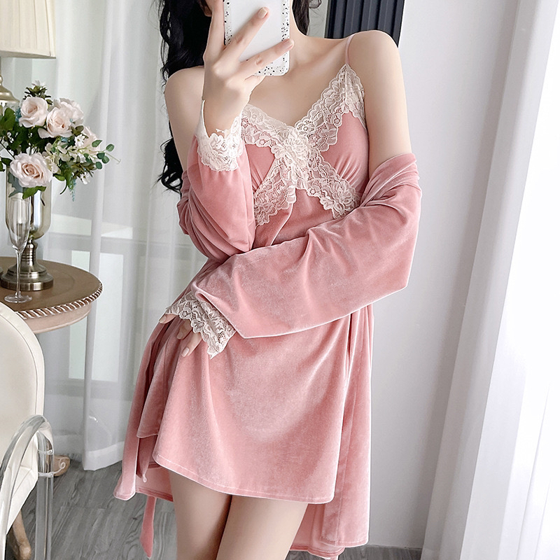 女秋冬爆款轻奢加绒网红金丝绒吊带蕾丝睡裙睡衣家居服（带胸垫