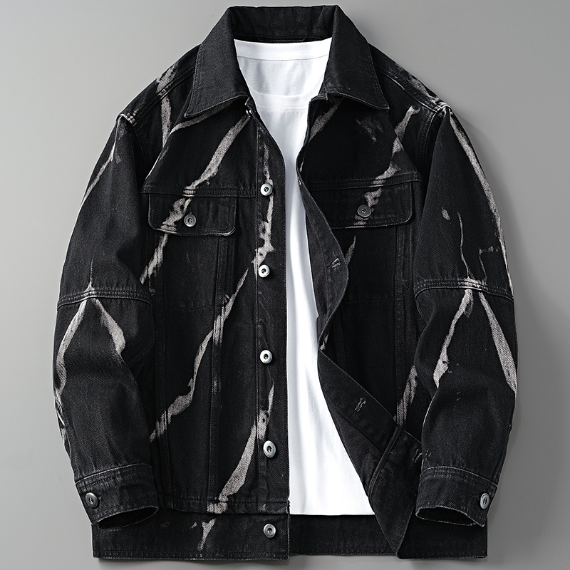 梵基弗奈轻奢小众扎染牛仔外套秋冬美式潮牌重磅黑色宽松上衣夹克