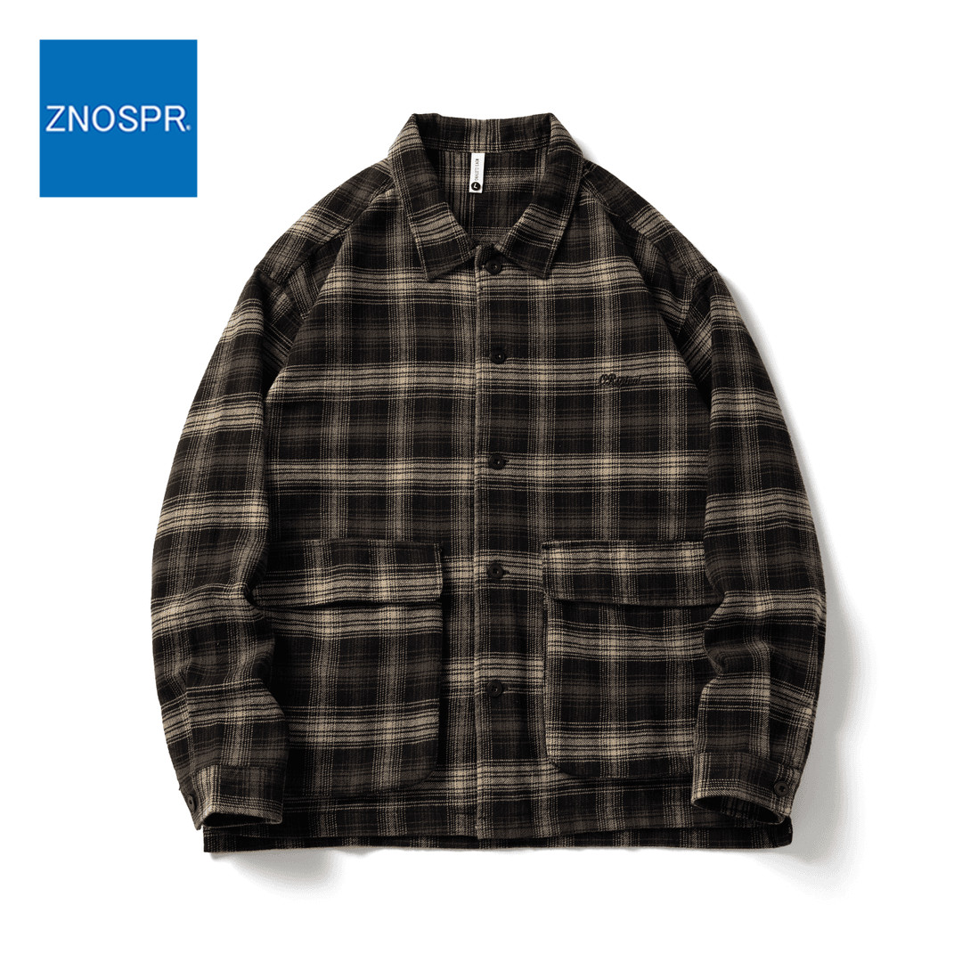 XK-218秋季美式复古纯棉长袖格子衬衫男宽松大码衬衫休闲外套
