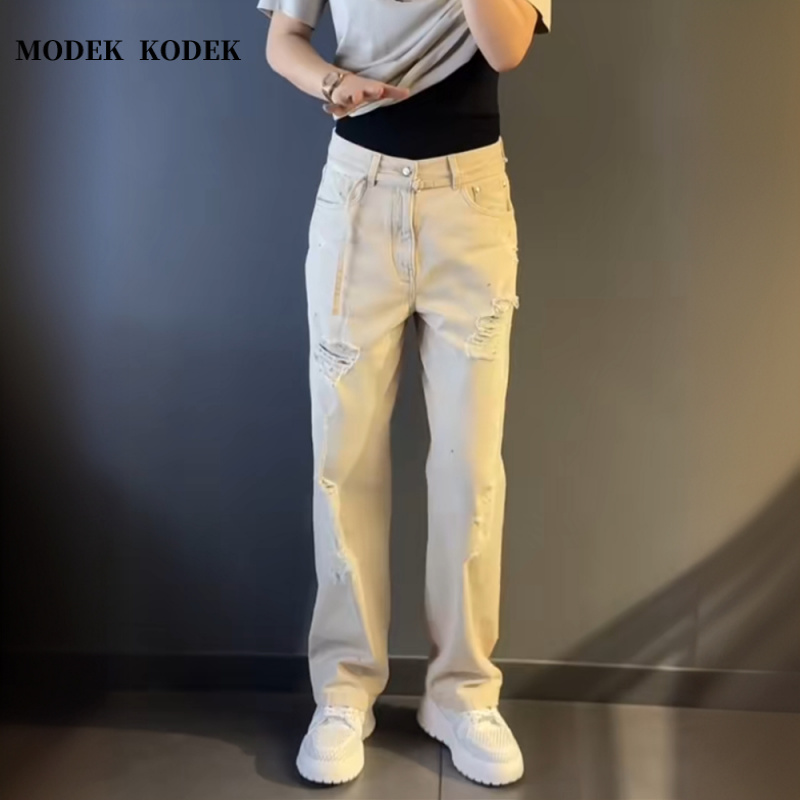 MODEK KODEK春夏复古乞丐破洞直筒宽松休闲裤男士时尚潮流牛仔裤