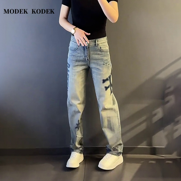 MODEK KODEK轻奢潮牌印花直筒宽松牛仔裤男士春秋季新款复古长裤