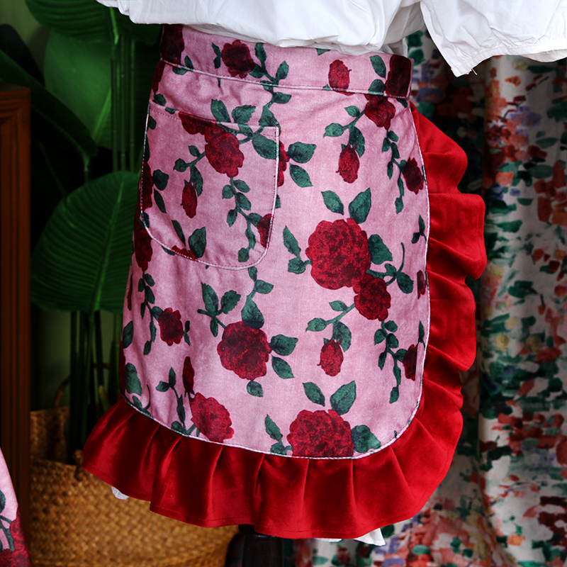 复古风玫瑰花围裙防污防水围腰家用厨房隔油打扫家居花边罩衣