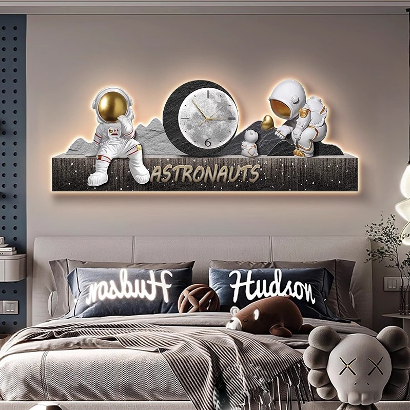 卡通宇航员客厅装饰画带钟表儿童房卧室床头挂画男孩房间画