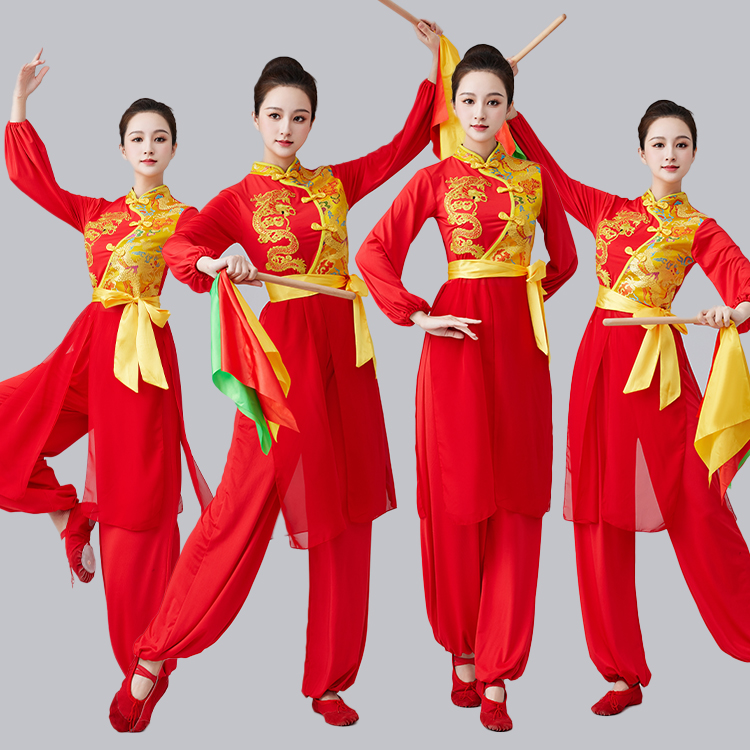 中国风打鼓演出服民族风锣鼓队腰鼓大鼓水鼓舞蹈服喜庆龙纹套装新