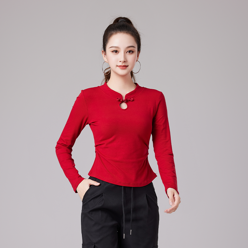 唐装长袖T恤运动棉料上衣中国风复古民族风团体演出健身舞蹈服